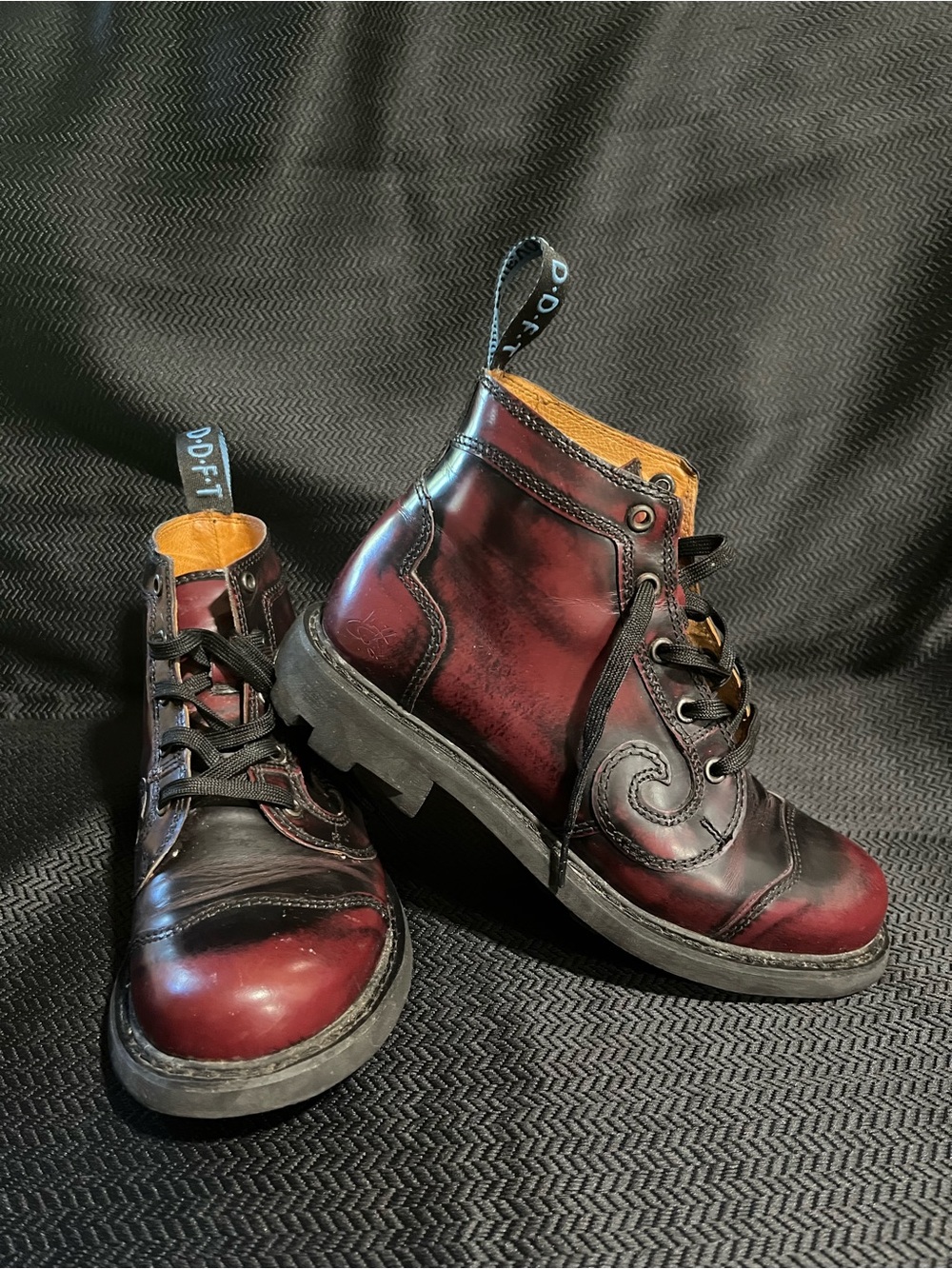John Fluevog Burgundy Black Leather Combat Boots Size W8 (UR Powerful)